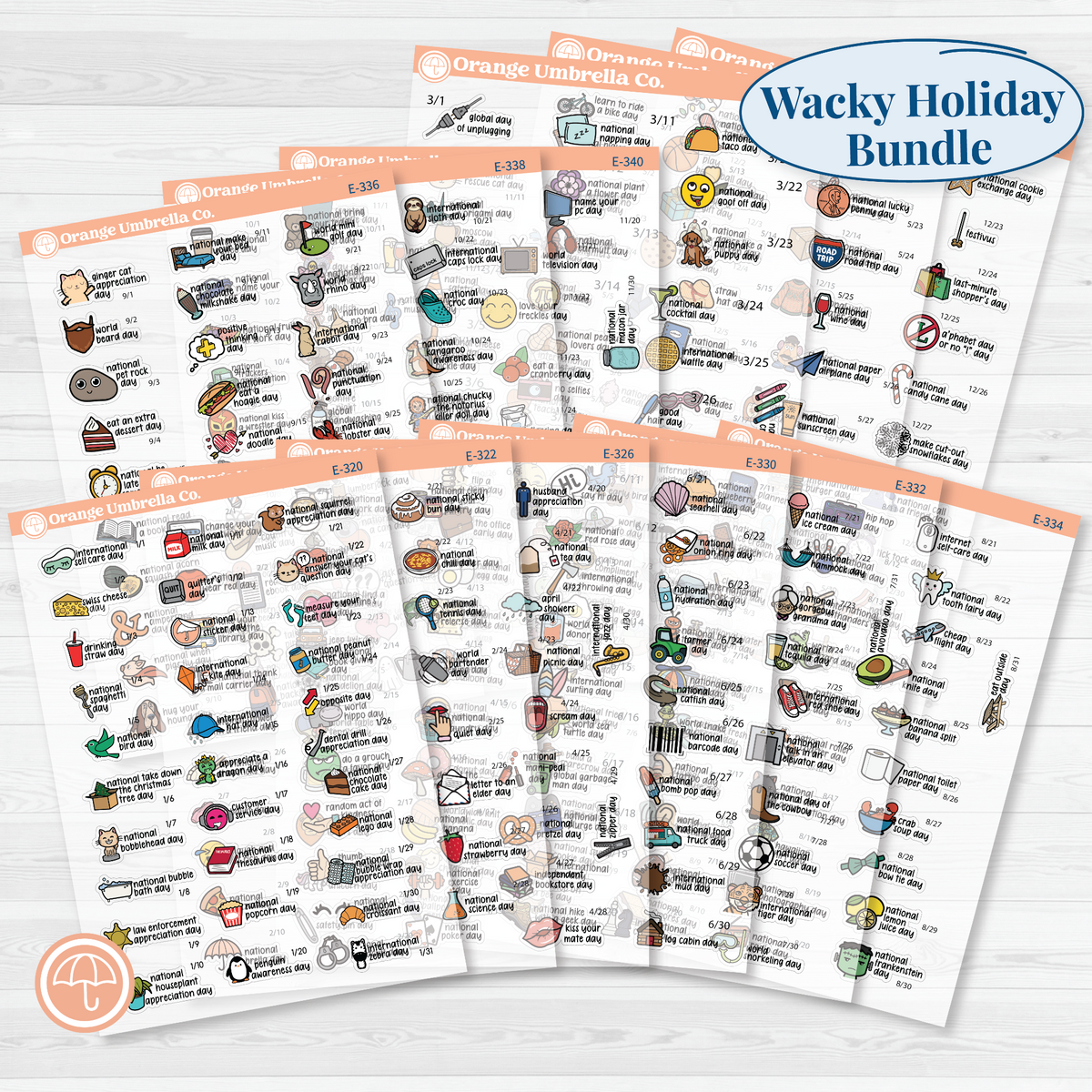 Full-year F17 regular wacky holiday sticker bundle showing 12 monthly sheets from January through December in color on clear matte paper.