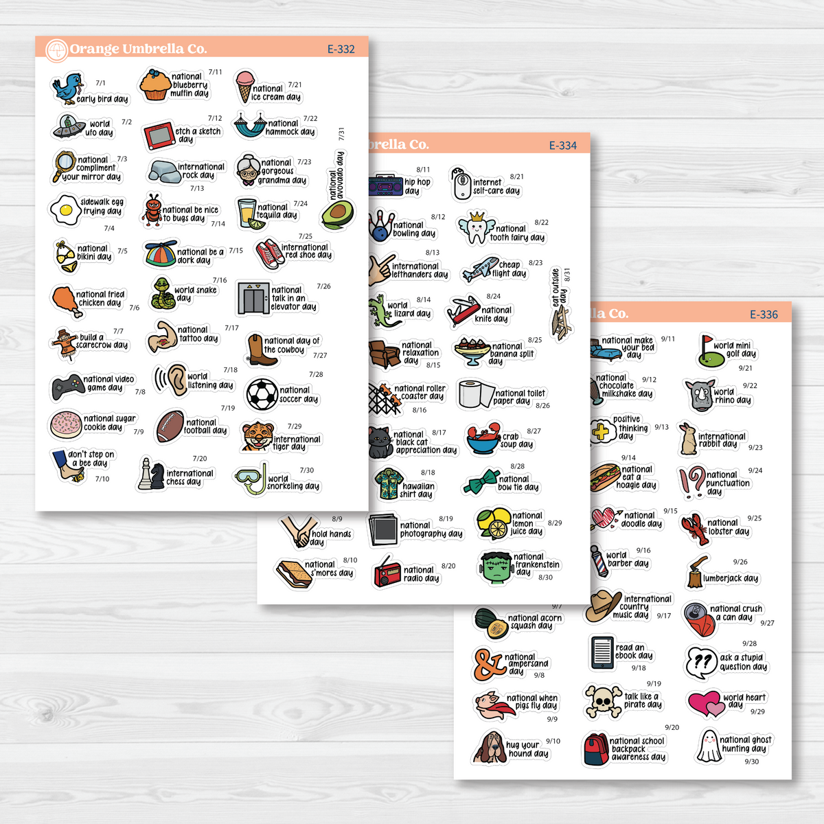 July through September sticker sheets from the F17 regular Wacky Holidays bundle, color on removable white matte paper.