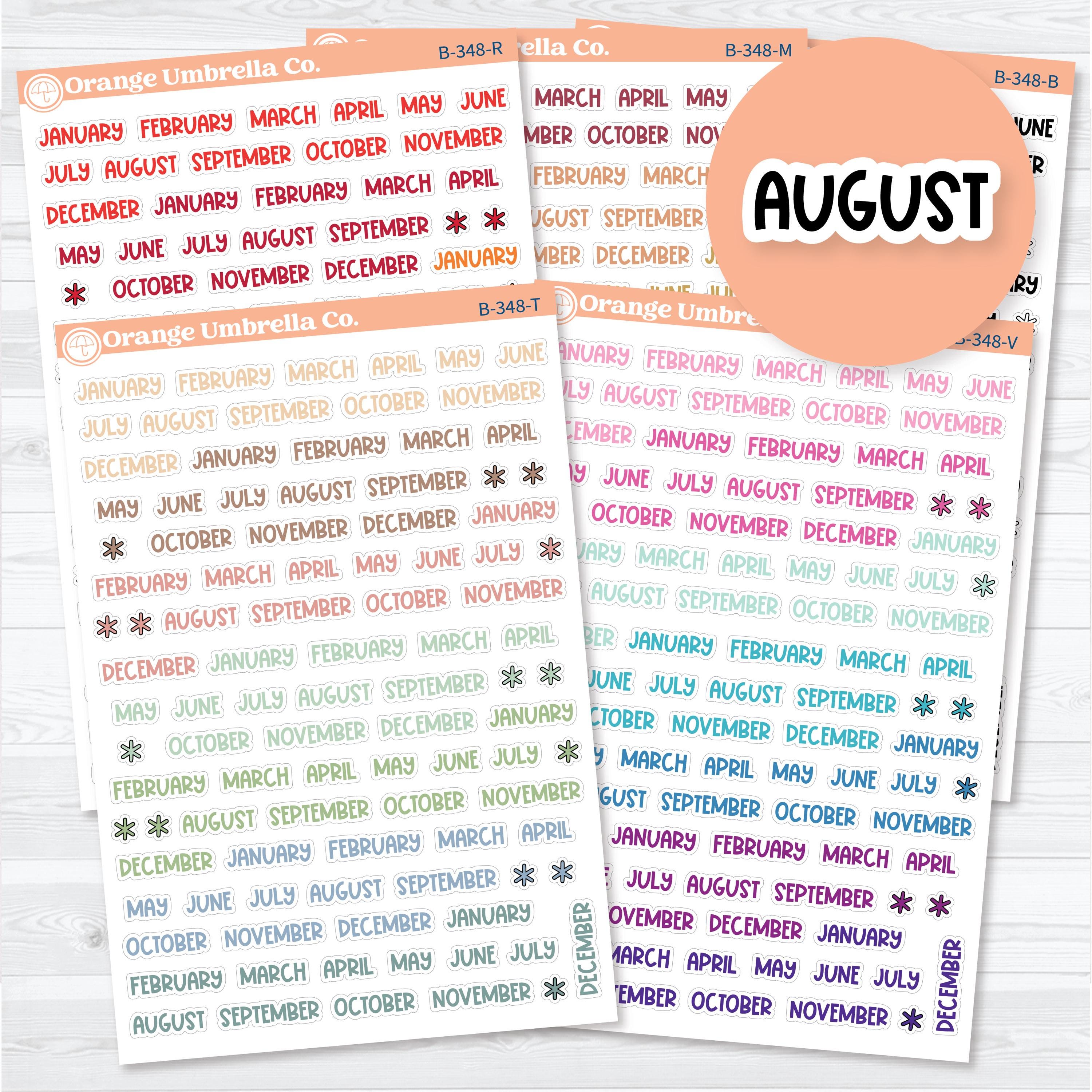 Funky Font Mini Months planner stickers featuring colorful hand-lettered month names for planners, journals, calendars, and monthly organization.
