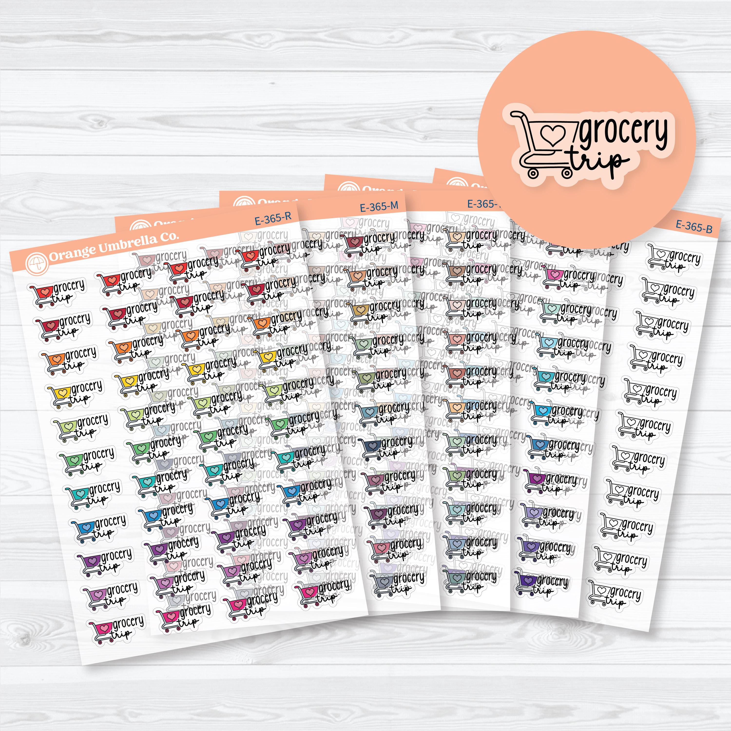 Grocery trip planner event label stickers featuring a shopping cart design for meal planning, grocery shopping, supermarket trips, and weekly errands on clear matte sticker paper.
