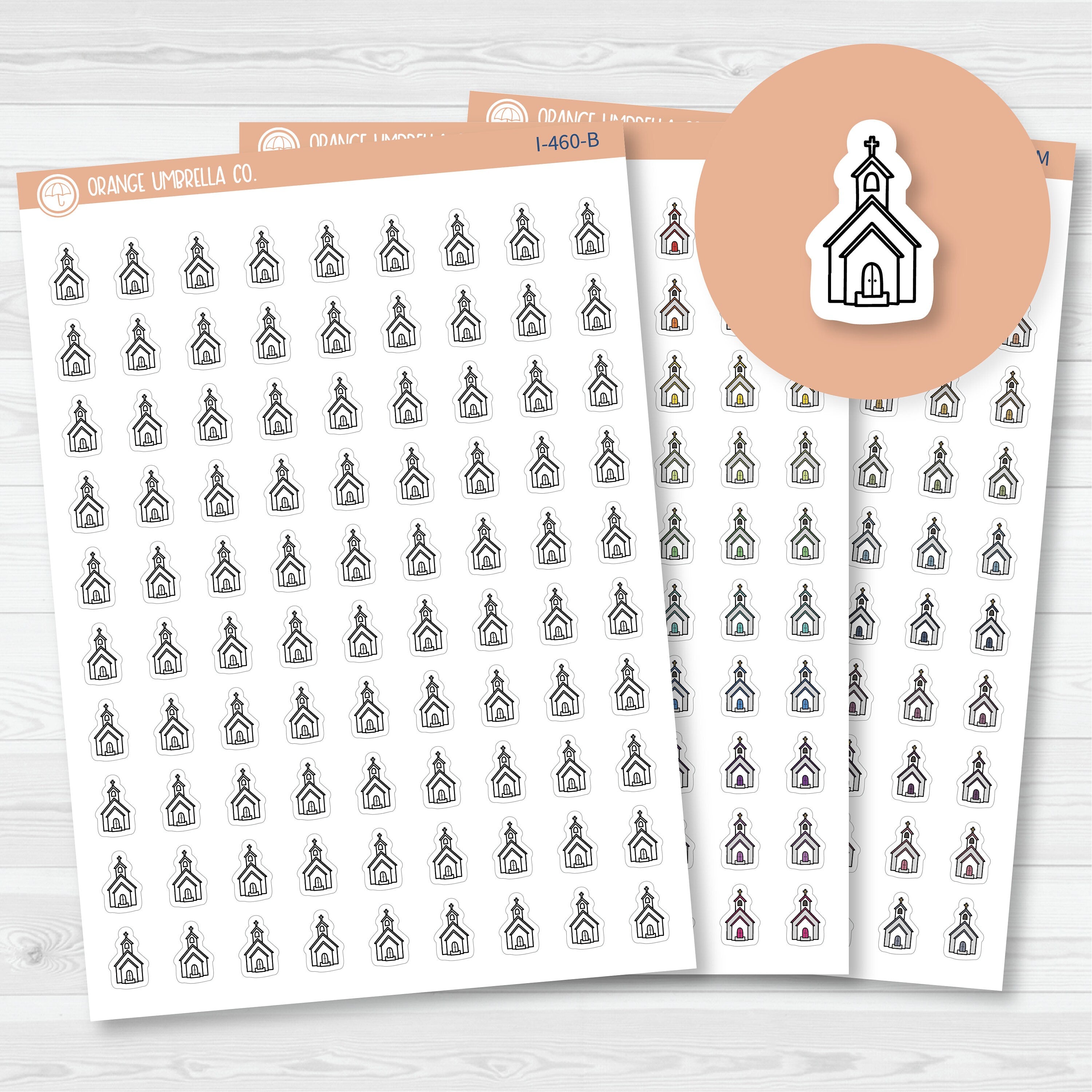 Hand doodled church icon planner stickers for church services, Bible study planning, worship schedules, and faith journaling.
