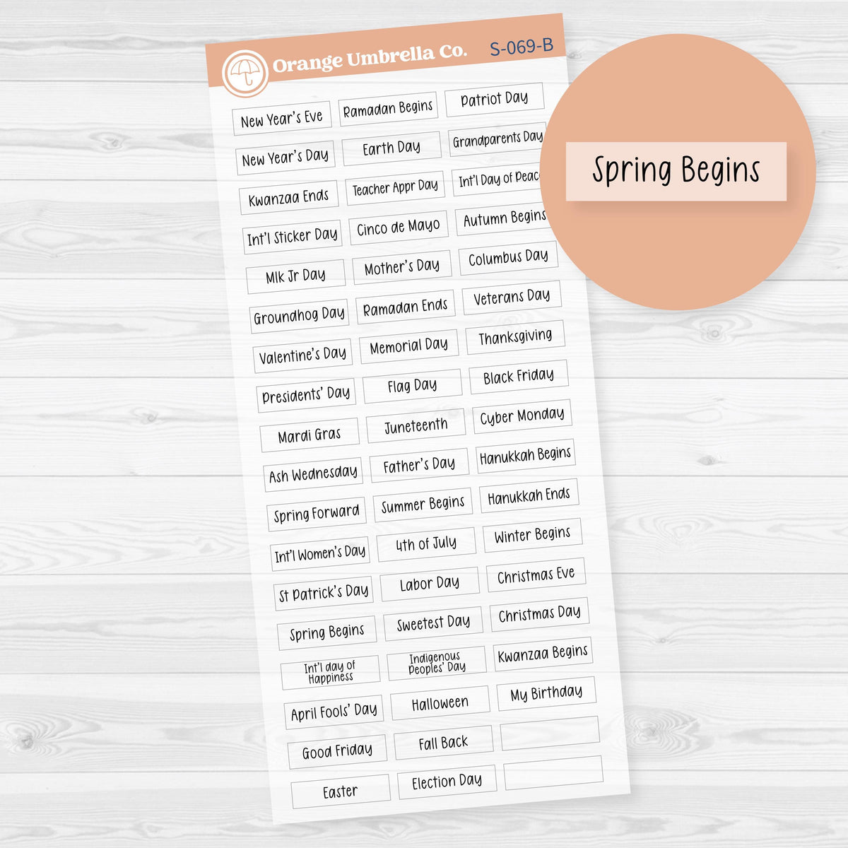 Clear matte black Hobonichi Weeks holiday script planner stickers featuring 52 annual holidays and two blank labels.
