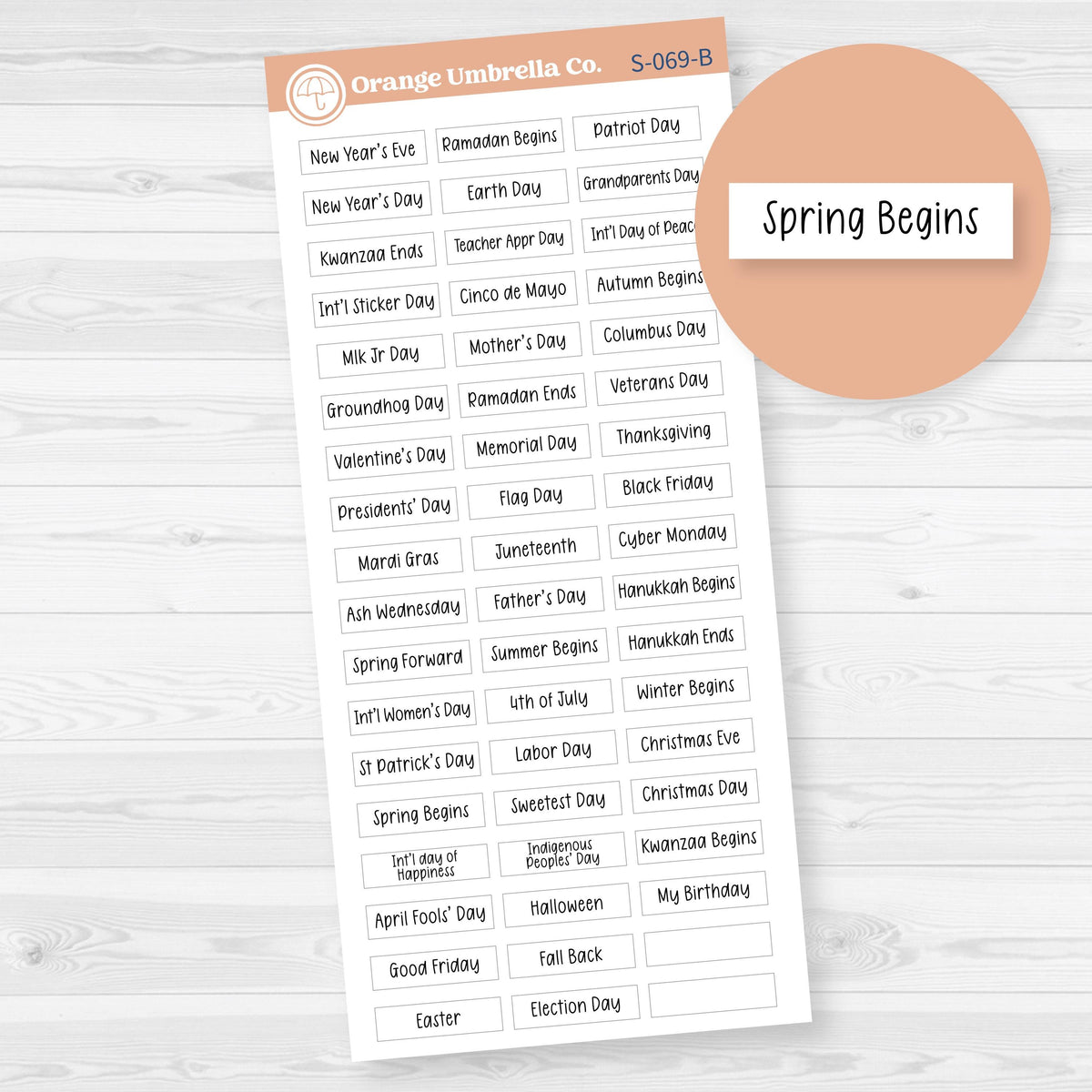 Black Hobonichi Weeks holiday script planner stickers featuring 52 annual holidays and observances plus two blank labels.