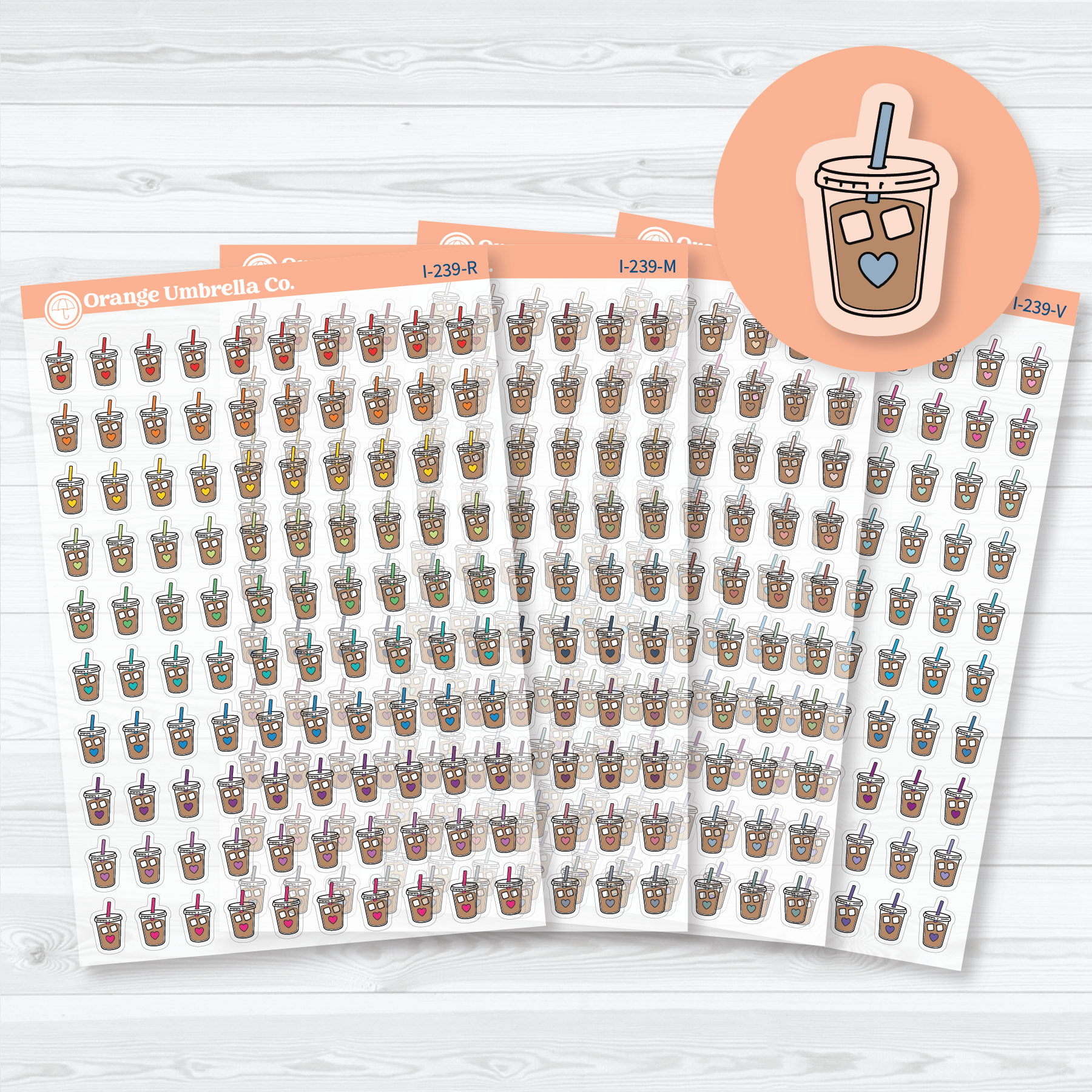 Clear matte iced coffee icon planner stickers for tracking coffee runs, café visits, morning routines, and everyday planning in planners, journals, and calendars