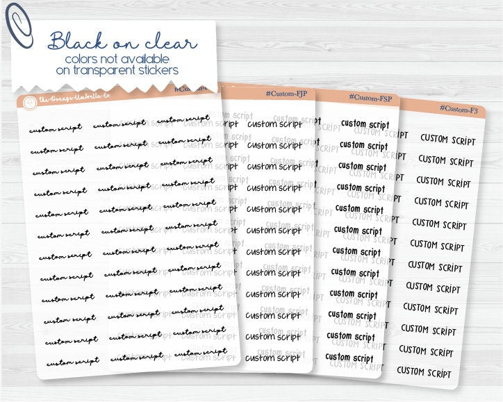 Custom Clear Script Sticker | Choose your font & finish | ** 1 word/phrase per sheet*** |  customscript-clear (planner)