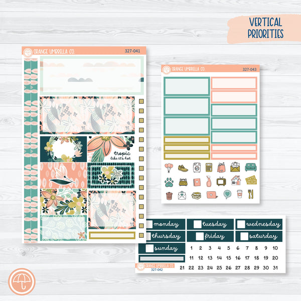 Tropical Floral Kit | Plum Vertical Priorities 7x9 Planner Kit Stickers | Island Sunrise | 327-041