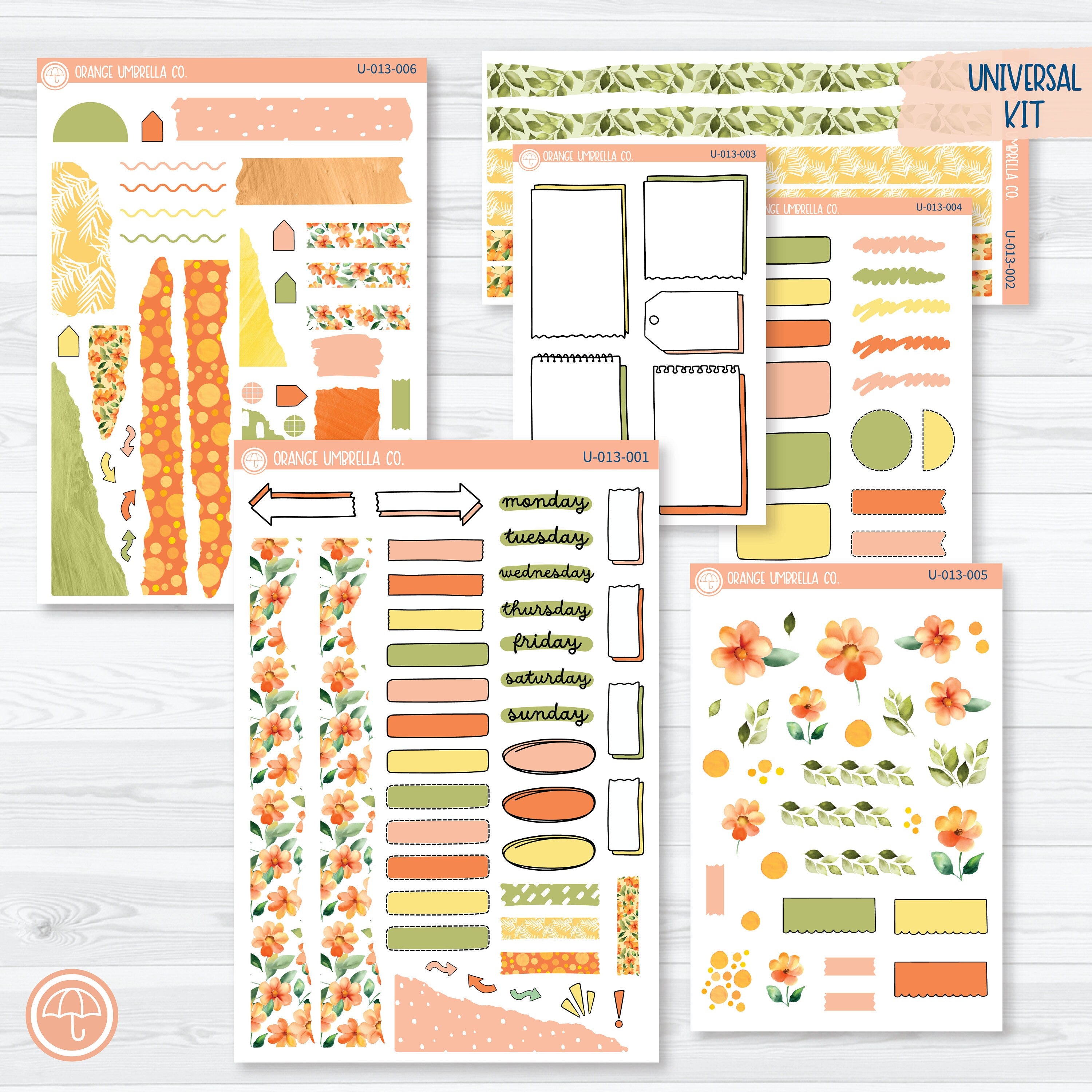 Orange Floral Universal Planner Kit | Journal Style Planner Kit Stickers | U-013