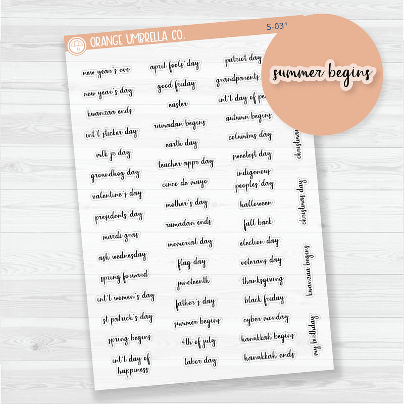 US Holiday Script Planner Stickers | F14 | Clear Matte | S-031-BCM