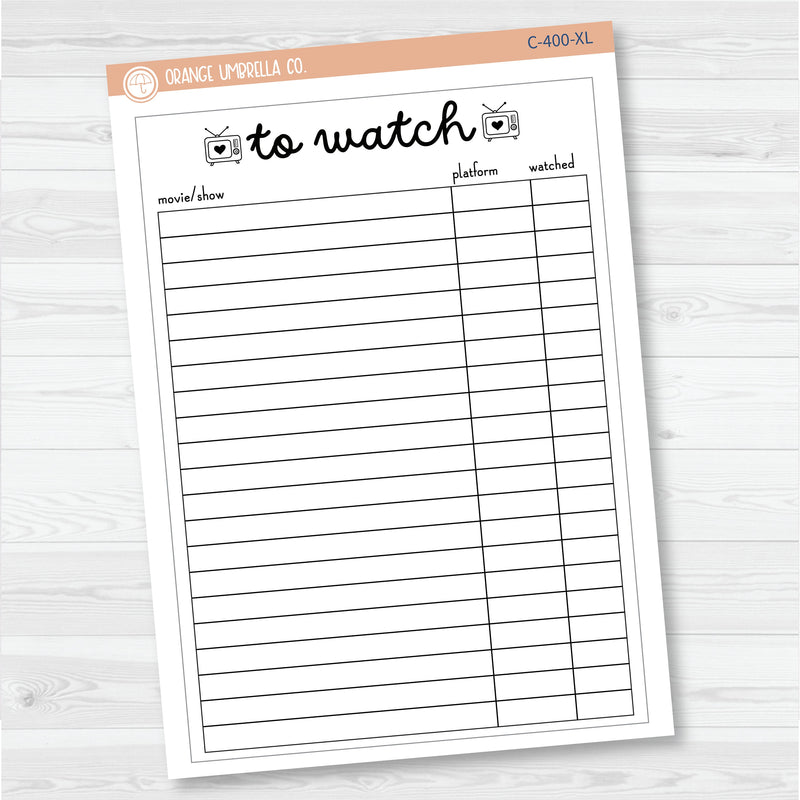 NP-To Watch Tracker Full Page A5 & 7x9 Size Deco Planner Stickers | C-400