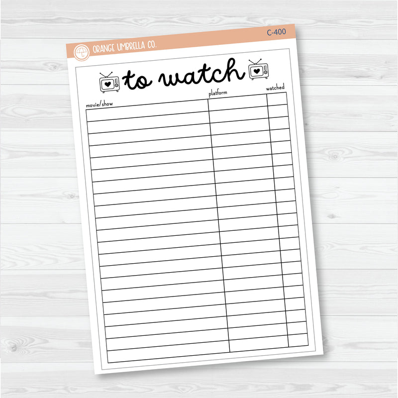 NP-To Watch Tracker Full Page A5 & 7x9 Size Deco Planner Stickers | C-400