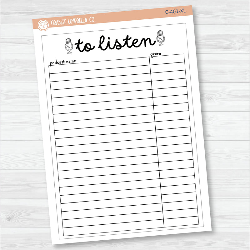 NP-To Listen Tracker Full Page A5 & 7x9 Size Deco Planner Stickers | C-401