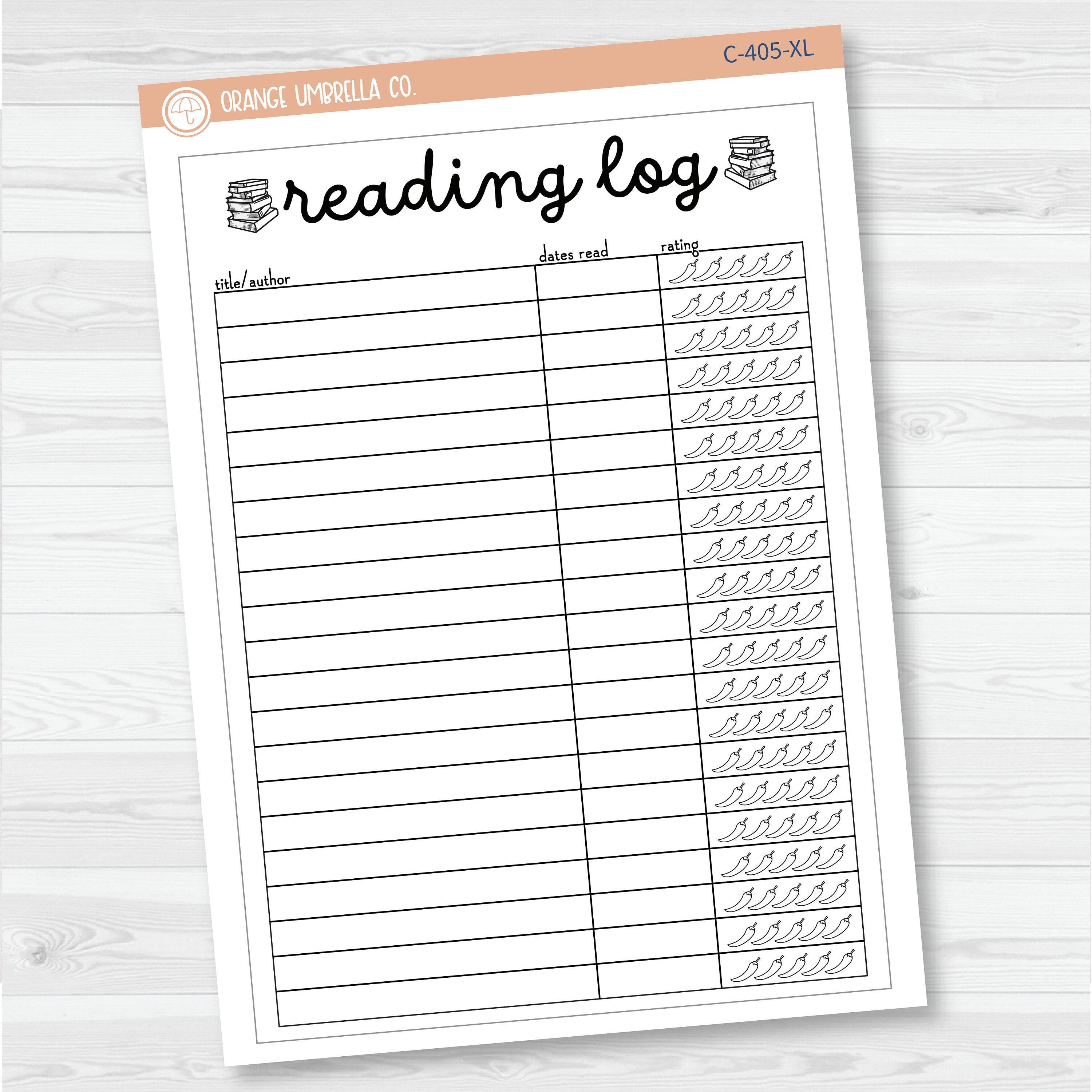 NP-Reading Log with Spicy Rating Tracker Full Page A5 & 7x9 Size Deco Planner Stickers | C-405