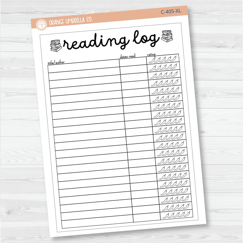NP-Reading Log with Spicy Rating Tracker Full Page A5 & 7x9 Size Deco Planner Stickers | C-405