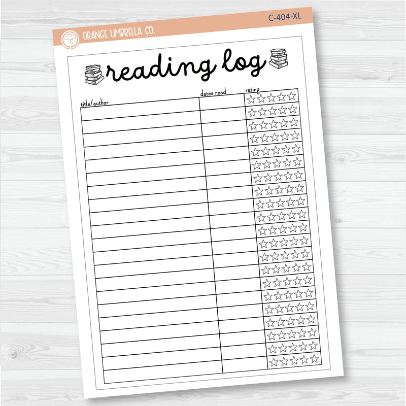 NP-Reading Log With Ratings Tracker Full Page A5 & 7x9 Size Deco Planner Stickers | C-404
