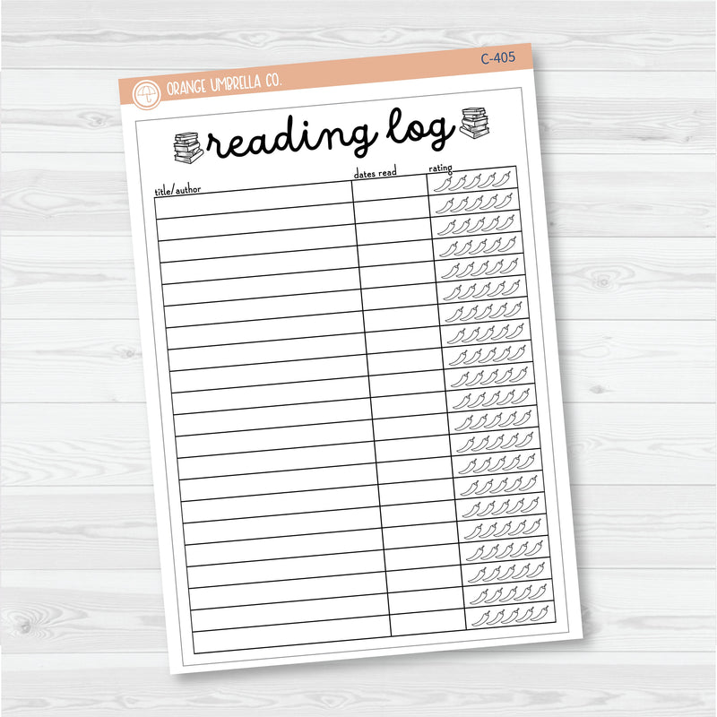 NP-Reading Log with Spicy Rating Tracker Full Page A5 & 7x9 Size Deco Planner Stickers | C-405