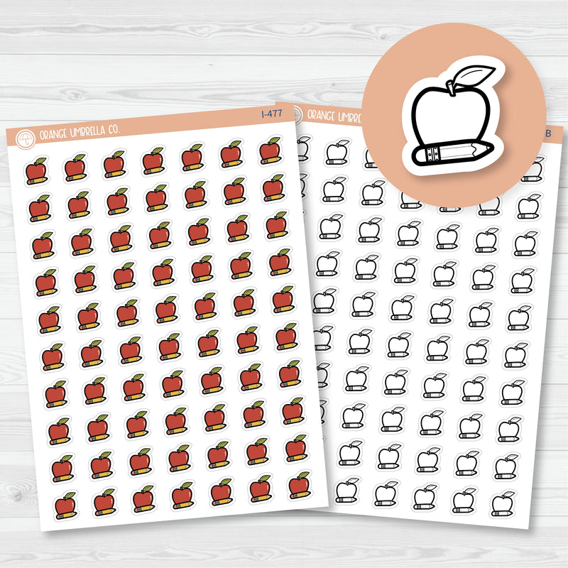 Hand Doodled Apple & Pencil Teacher Icon Planner Stickers | I-477