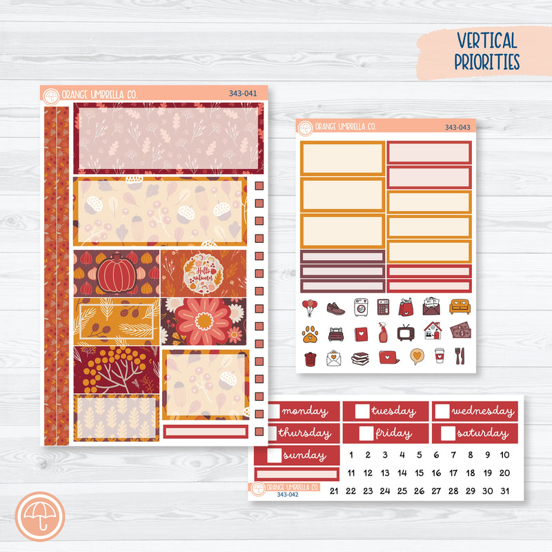 Autumn Pumpkins & Florals | Plum Vertical Priorities 7x9 Planner Kit Stickers | Amber Waves | 343-041