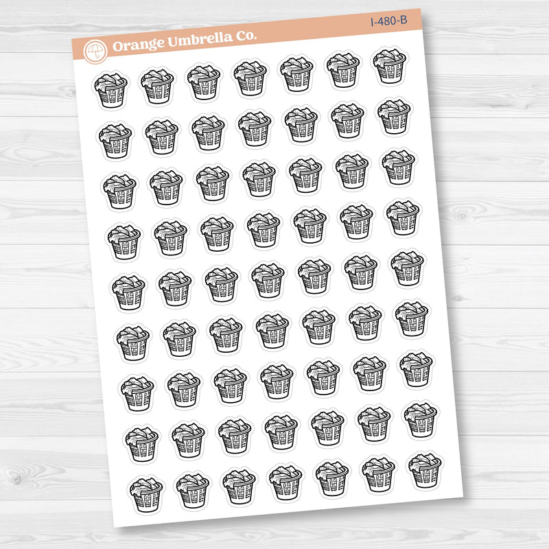 Hand Doodled Laundry Basket Planner Stickers, Icon Chore Labels | I-480