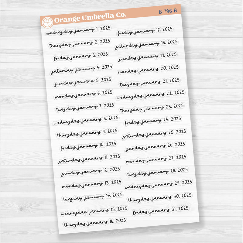 Dates of the Month - Jan-Jun 2025 Planner Stickers | F17 Script Clear Matte | B-796-801-BCM