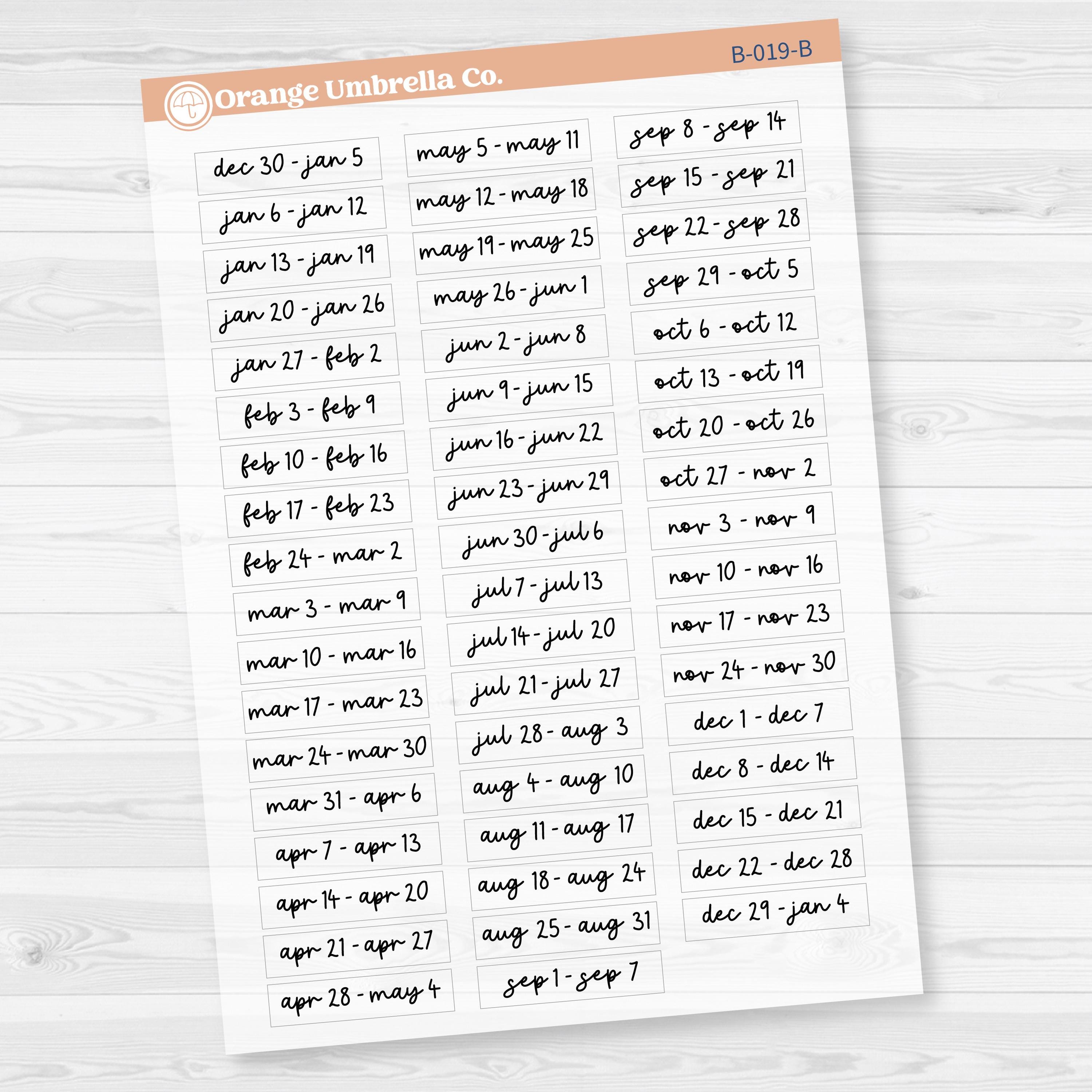 2025 Weeks of the year | Monday Start Planner Stickers | F17 Script | B-019