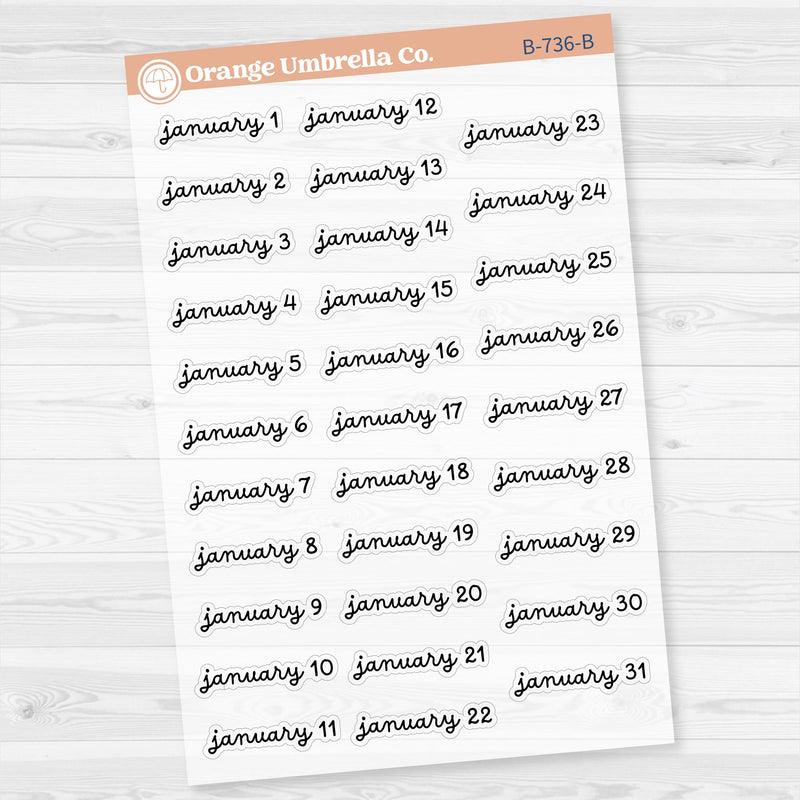 Dates of the Month Planner Stickers and Labels | F16 Script Clear Matte | B-736-741-BCM