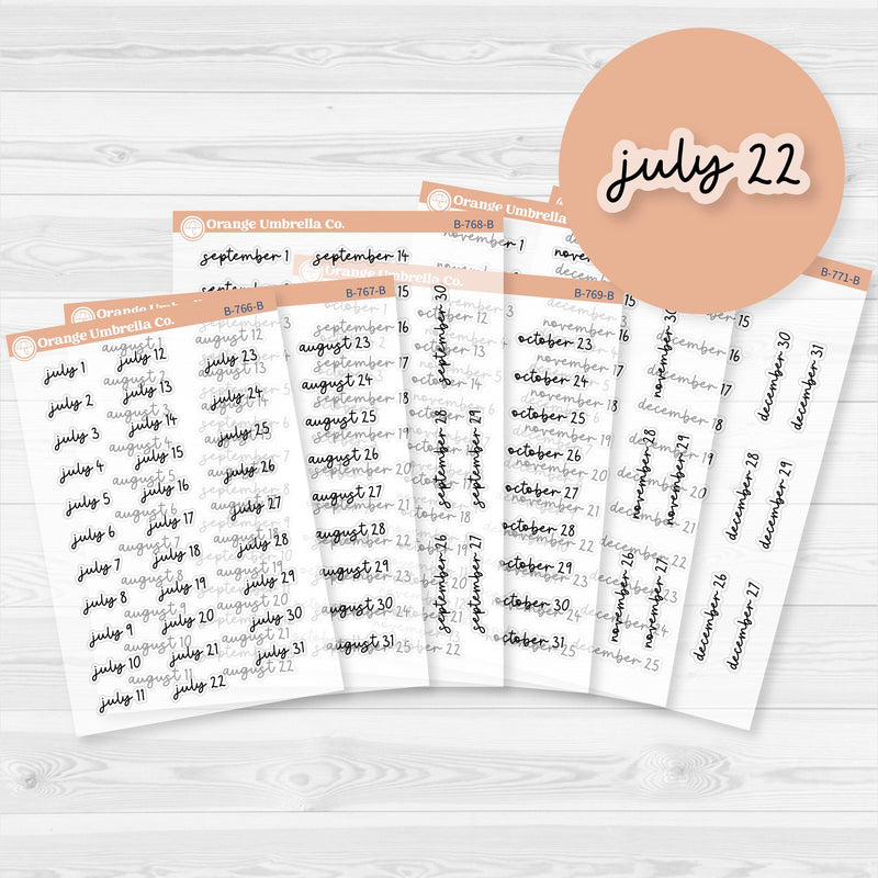 Dates of the Month Planner Stickers and Labels | F17 Script Clear Matte | B-766-771-BCM