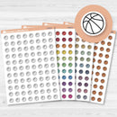Basketball icon planner stickers in assorted colors, hand-doodled sports designs for planners, journals, or game tracking spreads.