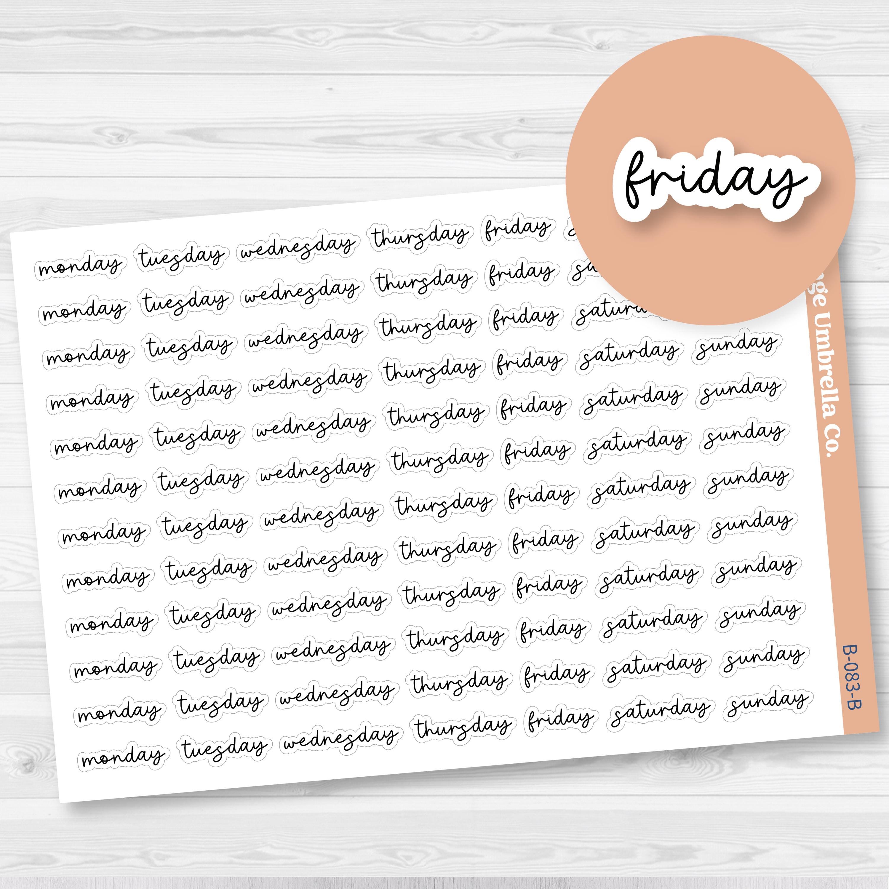 Day of the Week Header Planner Stickers | 12 Weeks | F17 Script | B-083-B