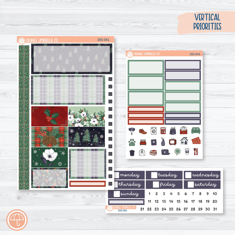 Winter Floral Stickers | Plum Vertical Priorities 7x9 Planner Kit Stickers | Stillness | 355-041