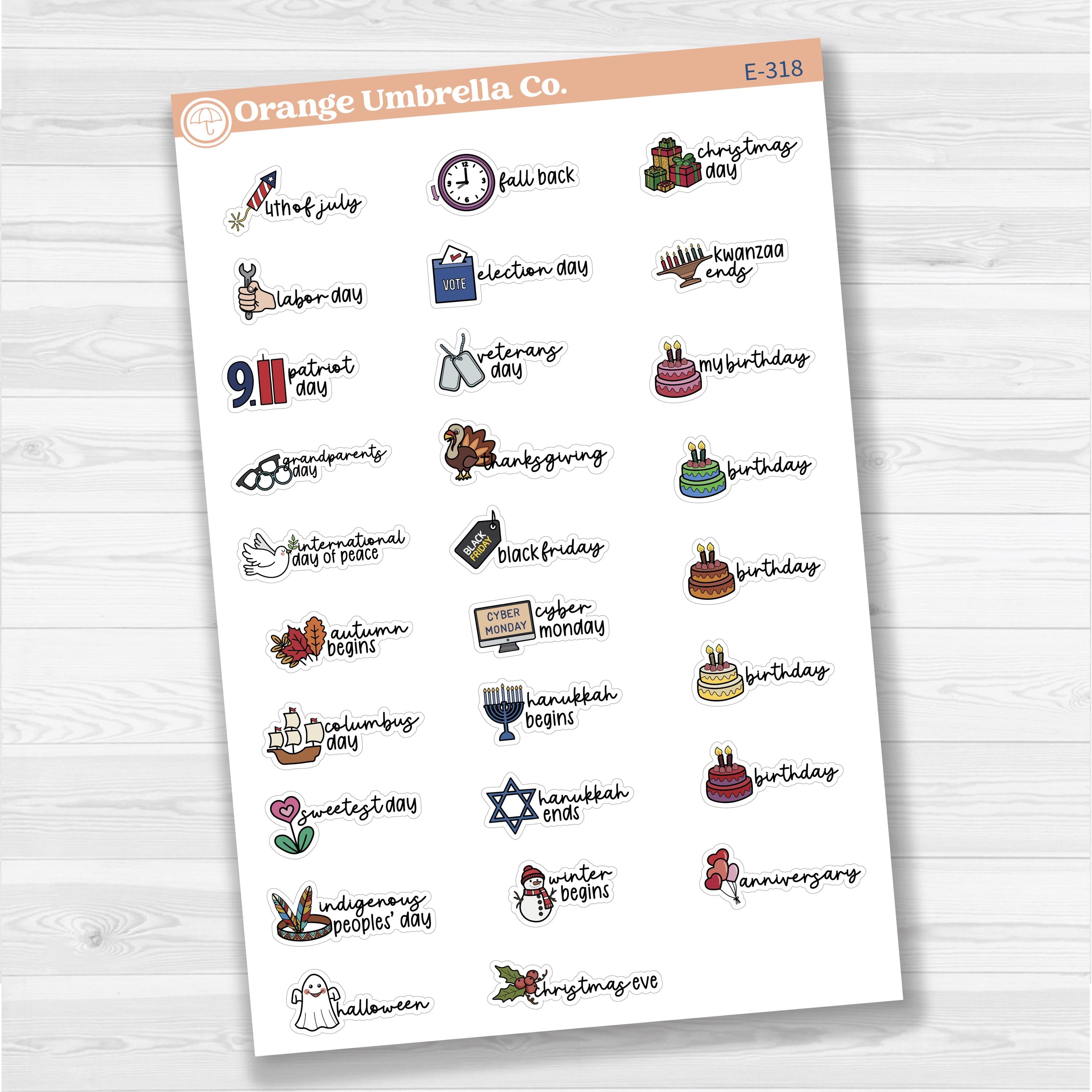Doodle Holidays | Icon & Script Planner Stickers July-December | F17 | E-318
