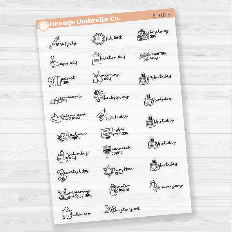 Doodle Holidays | Icon & Script Planner Stickers July-December | F17 | E-318