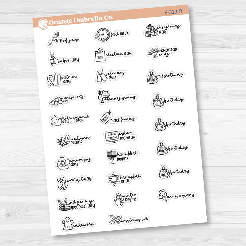 Doodle Holidays | Mini Icon & Script Planner Stickers July-December | F17 | E-319