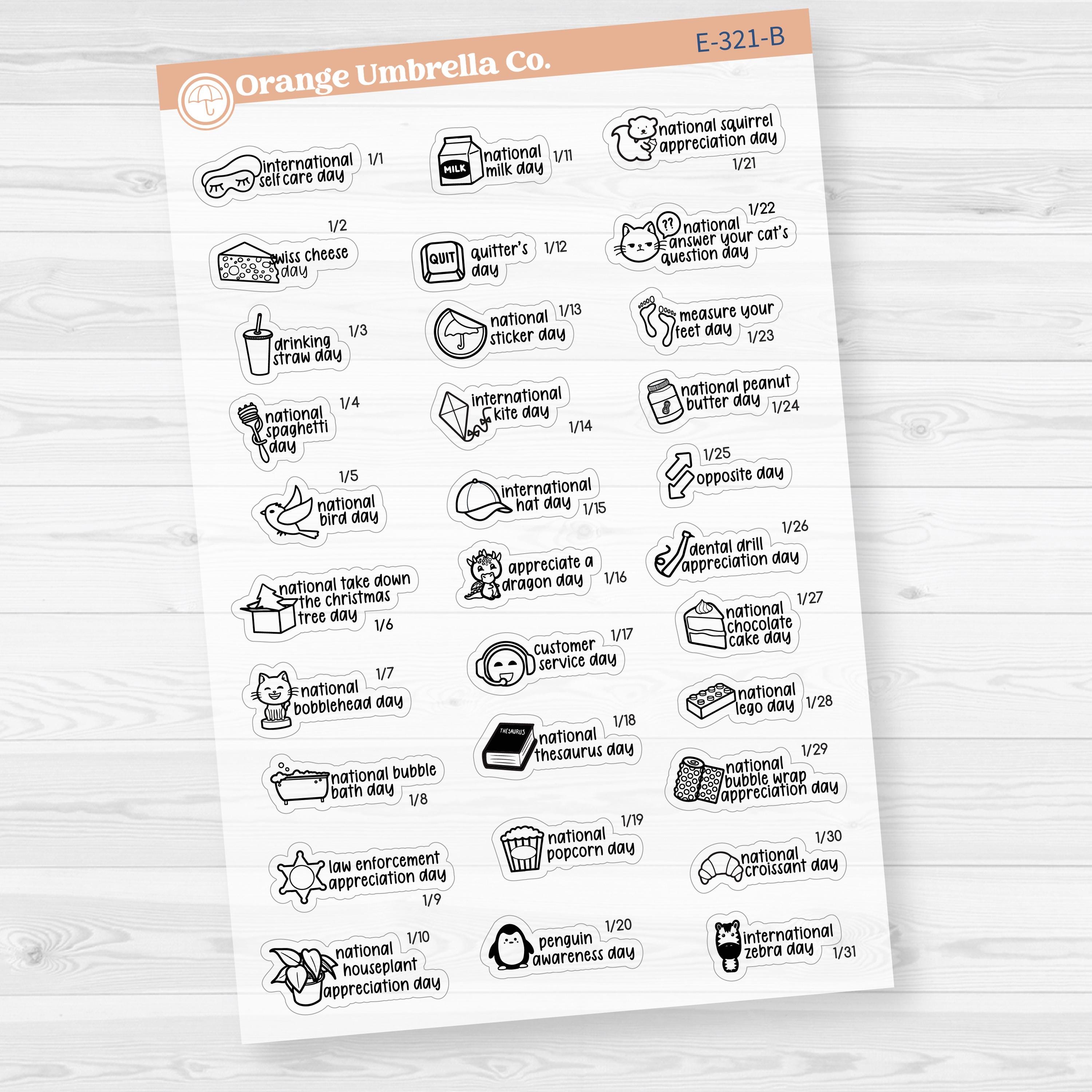 January Wacky Holidays Mini Script Planner Stickers | F17 | E-321