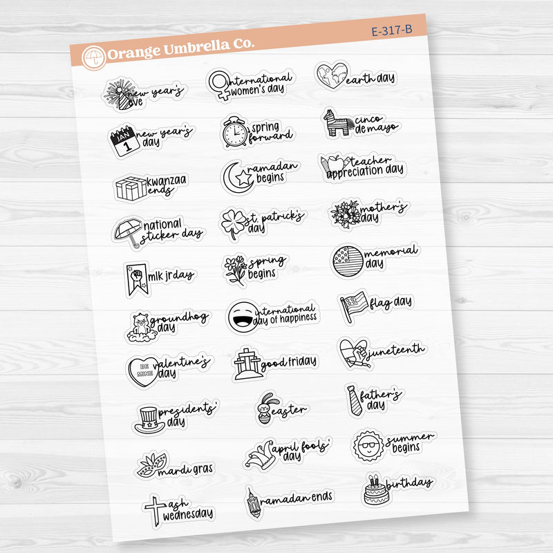 Doodle Holidays | Mini Icon & Script Planner Stickers January-June | F17 | E-317