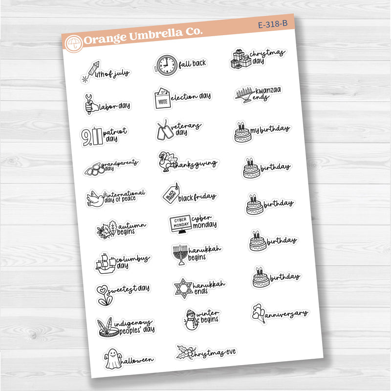 Doodle Holidays | Icon & Script Planner Stickers July-December | F17 | E-318