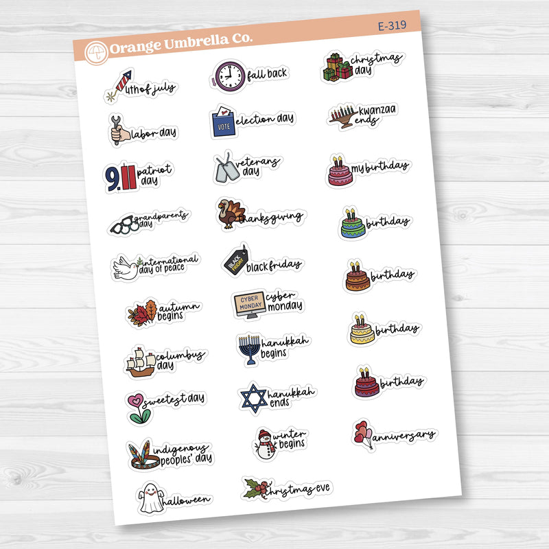 Doodle Holidays | Mini Icon & Script Planner Stickers July-December | F17 | E-319