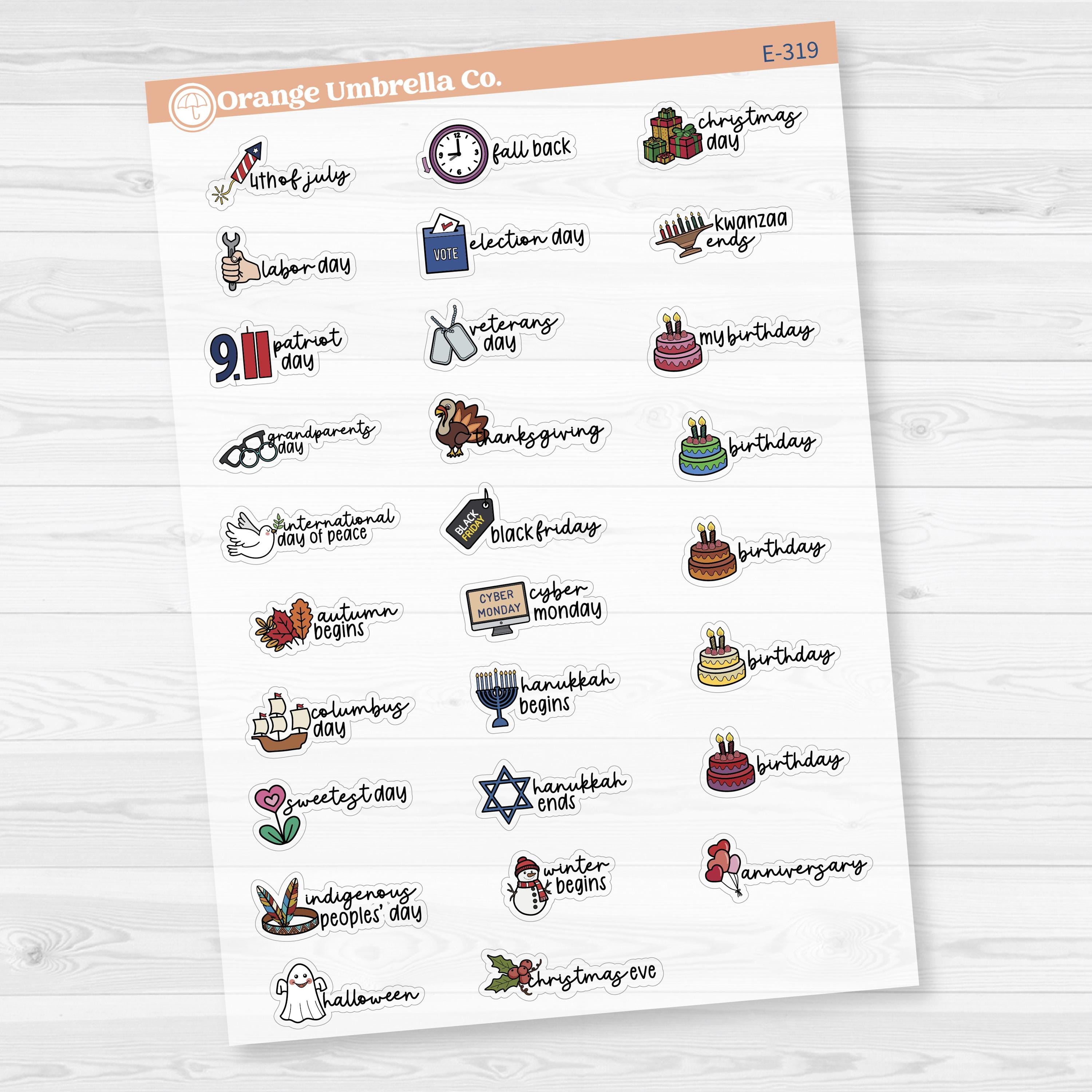 Doodle Holidays | Mini Icon & Script Planner Stickers July-December | F17 | E-319