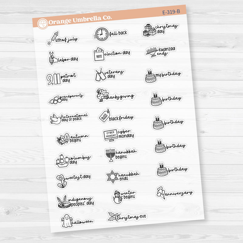 Doodle Holidays | Mini Icon & Script Planner Stickers July-December | F17 | E-319