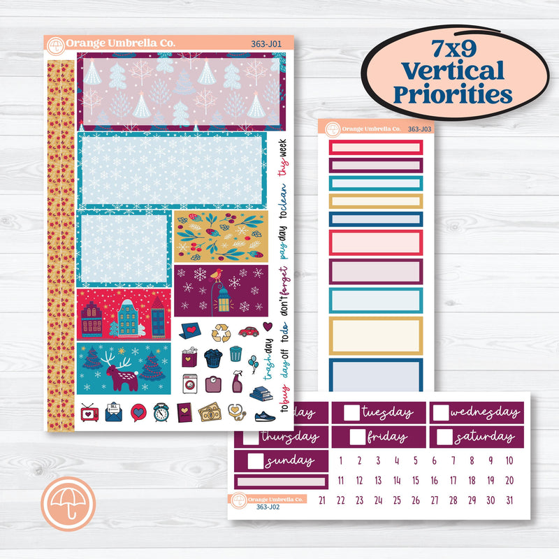 Winter Scene January Kit | Plum Vertical Priorities 7x9 Planner Kit Stickers | Snow Much Fun | KIT-363-J