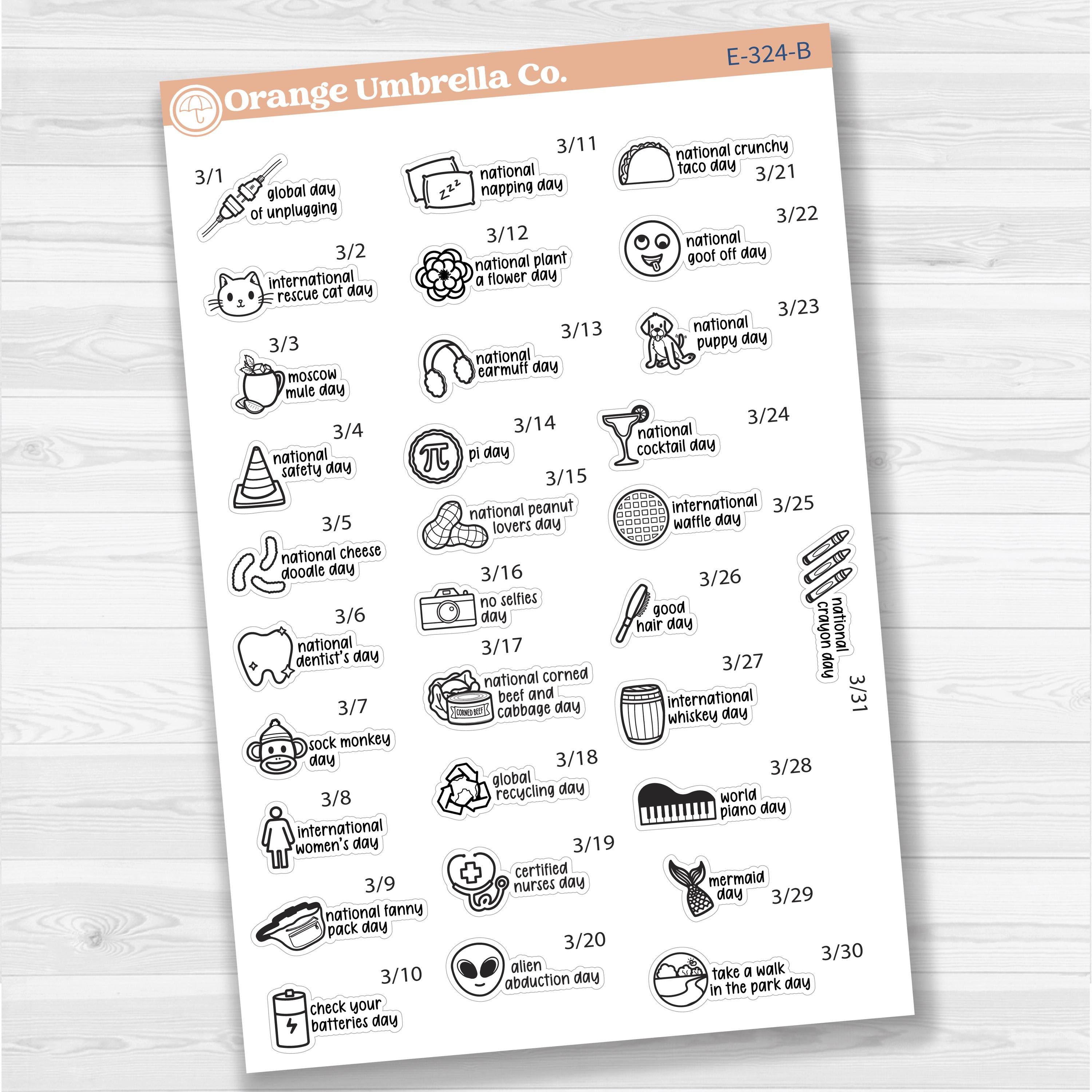 March Wacky Holidays Script Planner Stickers | F17 | E-324