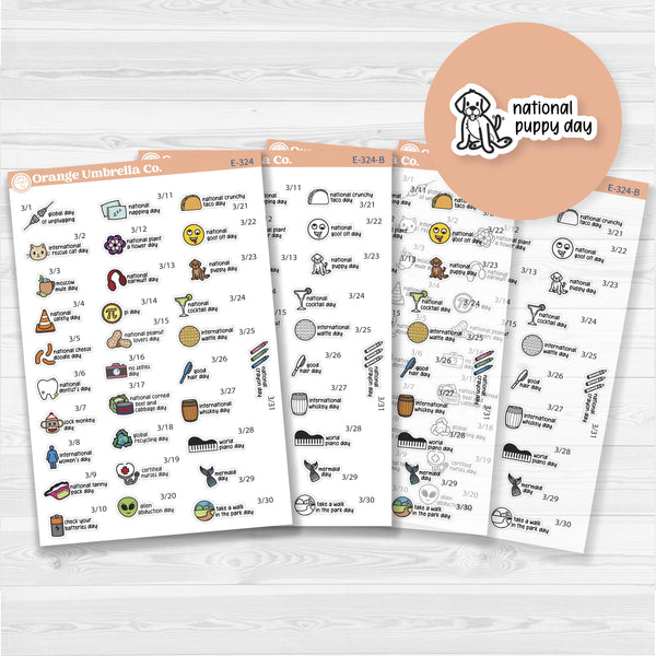 March Wacky Holidays Script Planner Stickers | F17 | E-324