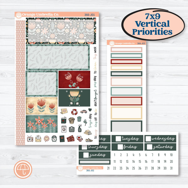 Red Floral Kit | Plum Vertical Priorities 7x9 Planner Kit Stickers | Charming | KIT-366-J