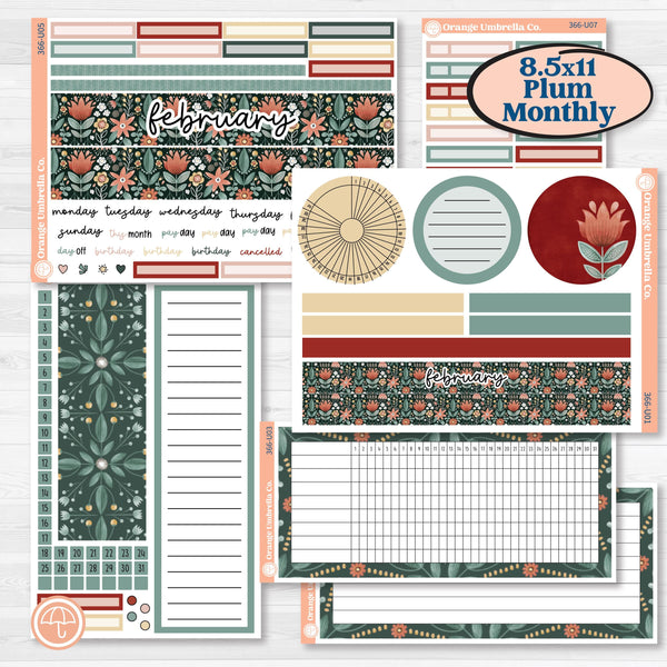 Red Floral Kit | 8.5x11 Plum Monthly & Dashboard Planner Kit Stickers | Charming | KIT-366-U