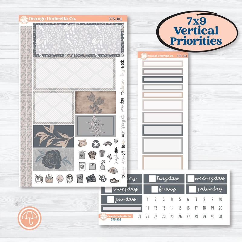 Neutral Botanical & Floral Kit | Plum Vertical Priorities 7x9 Planner Kit Stickers | Unbiased | KIT-375-J