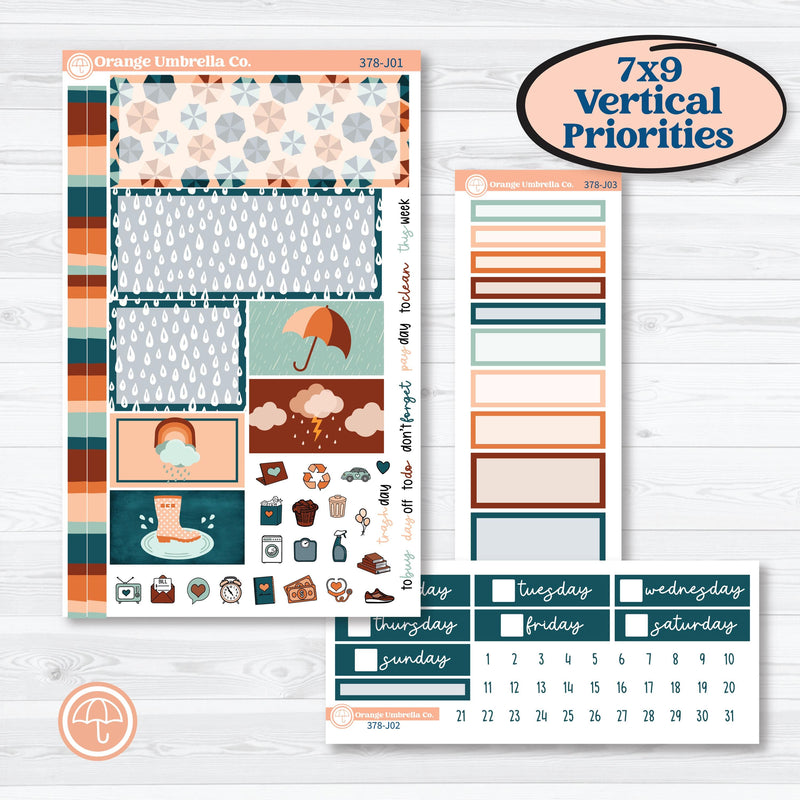 Rainy Day April Kit | Plum Vertical Priorities 7x9 Planner Kit Stickers | Sun Showers | KIT-378-J