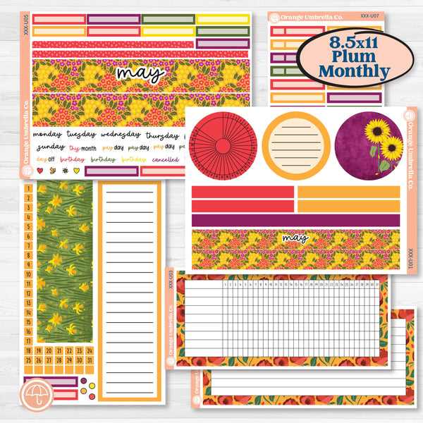 Spring or Summer Floral Kit | 8.5x11 Plum Monthly & Dashboard Planner Kit Stickers | Flower Garden | KIT-381-U