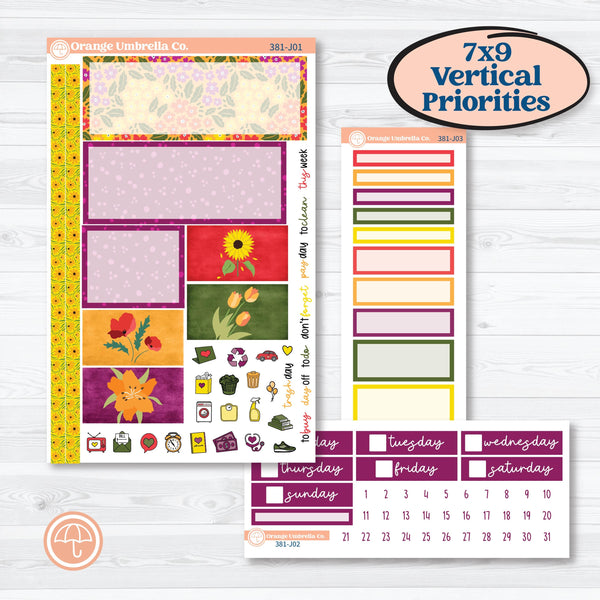 Spring or Summer Floral Kit | Plum Vertical Priorities 7x9 Planner Kit Stickers | Flower Garden | KIT-381-J