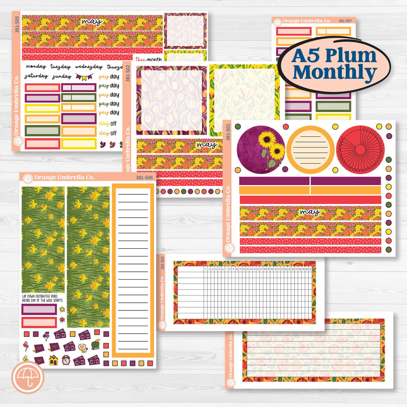 Spring or Summer Floral Kit | A5 Plum Monthly & Dashboard Planner Kit Stickers | Flower Garden | KIT-381-S