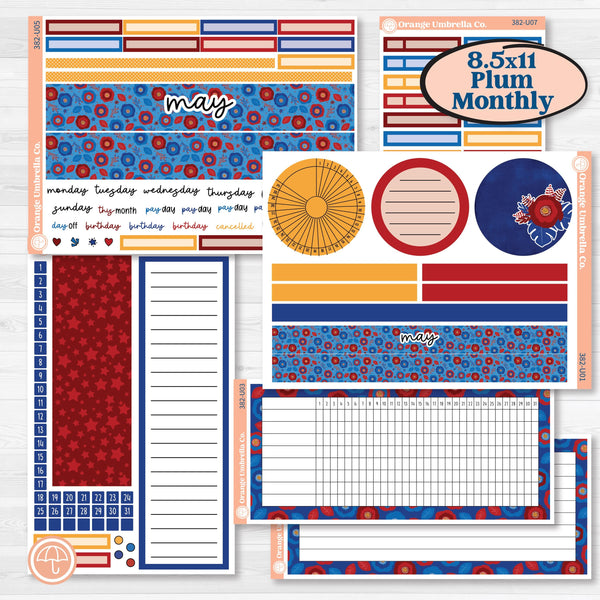 Floral Memorial Day Kit | 8.5x11 Plum Monthly & Dashboard Planner Kit Stickers | Brave | KIT-382-U