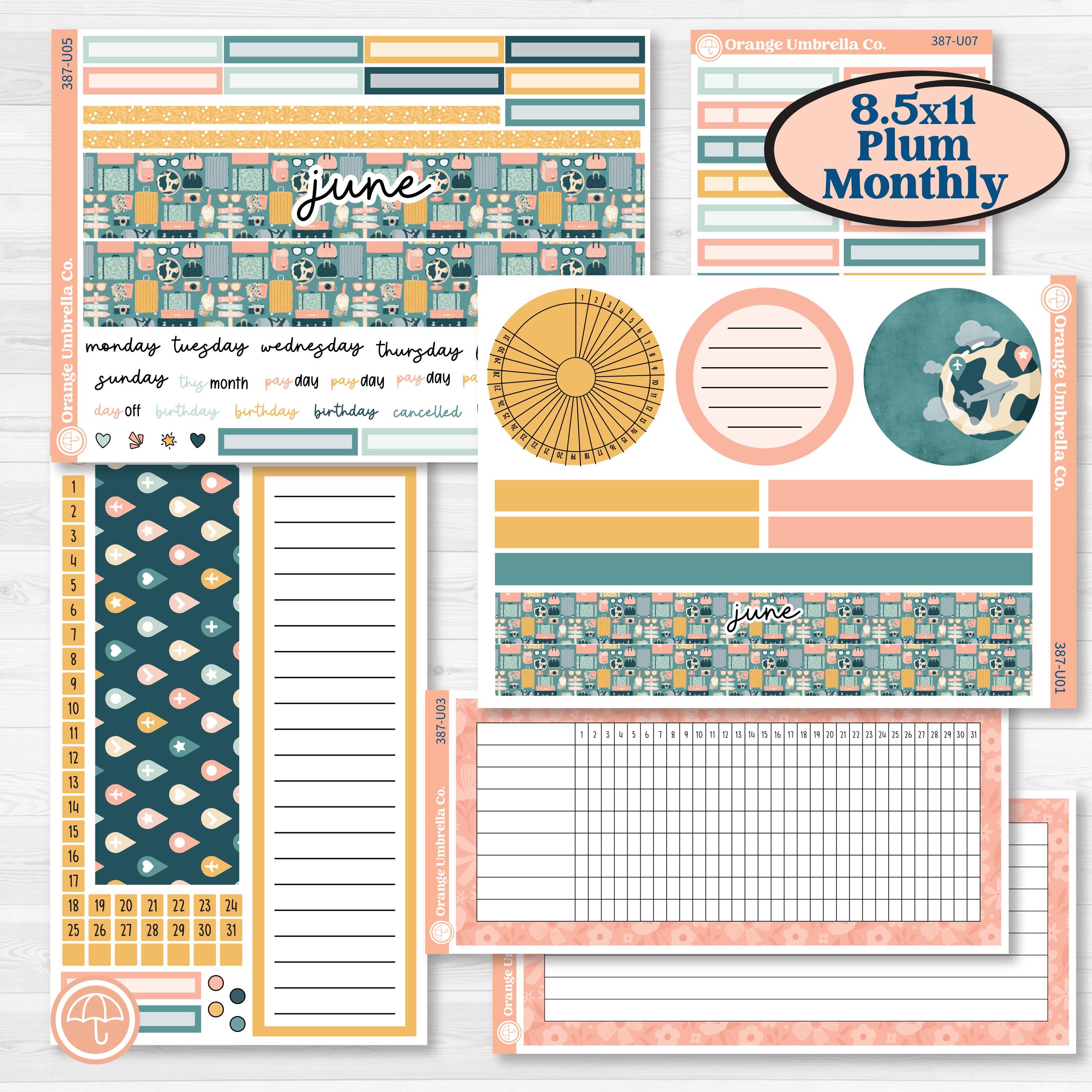 Travel Vacation Planner Kit | 8.5x11 Plum Monthly & Dashboard Planner Kit Stickers | Adventure Awaits | KIT-387-U